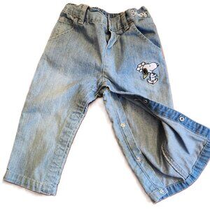 Snoopy, Denim Pants, 18 months, Lace Pockets, button snaps down legs, Rare, blue